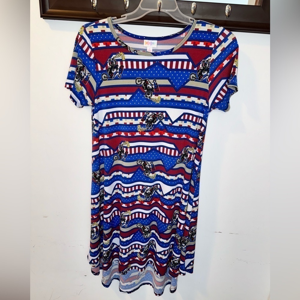 LuLaRoe Carly American Dreams Dirt Bike Hi Lo Swing Dress Size Small